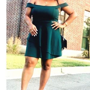 Off the shoulder strapless emerald green dress